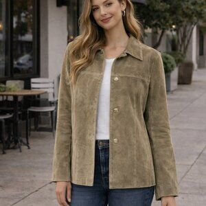 Vintage CLIO Suede Leather Jacket Size 6 | Tan Button Front Leather Coat